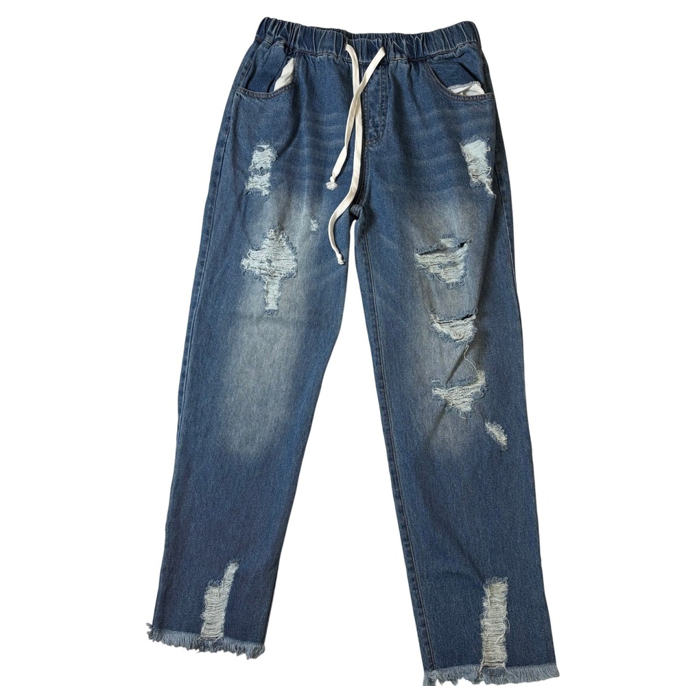 Belinda Womens Distressed Denim Joggers‎ Medium Wash Ripped Jeans Drawstring M